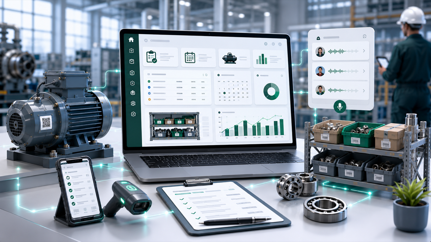 Liquid CMMS dashboard showing work orders, preventive maintenance, assets, spare parts and barcode workflows with a secondary voice coordination panel.